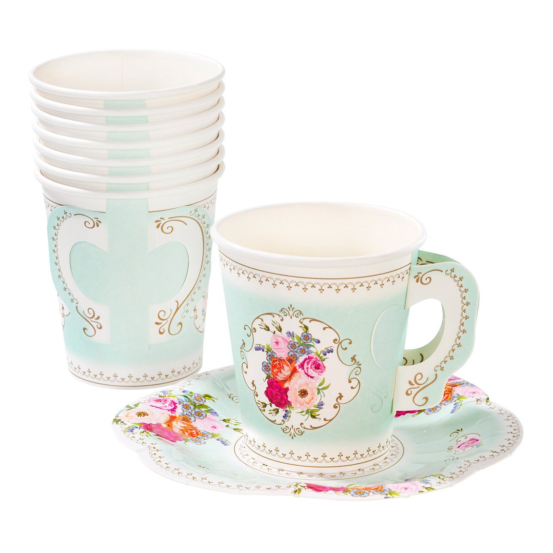 Rose & Mint Paper Teacup & Saucer Set (12pcs) (Add to Your Tea Set)